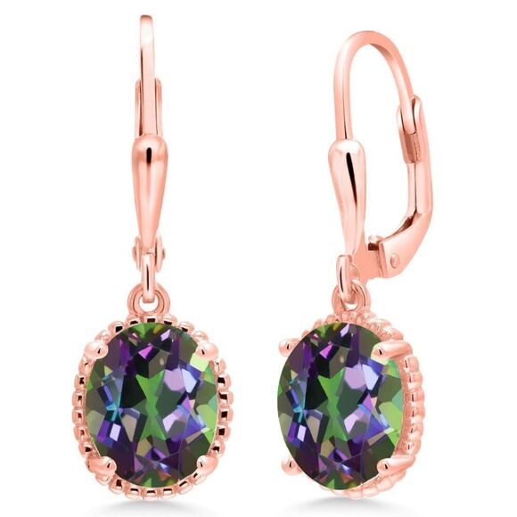 18K Rose Gold 925 with 4.60 Cttw Green Mystic Topaz Oval Leverback Hook Earrings